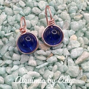 Blue Cabochon Rose‑Gold Wrapped Earrings — Artisan Drops